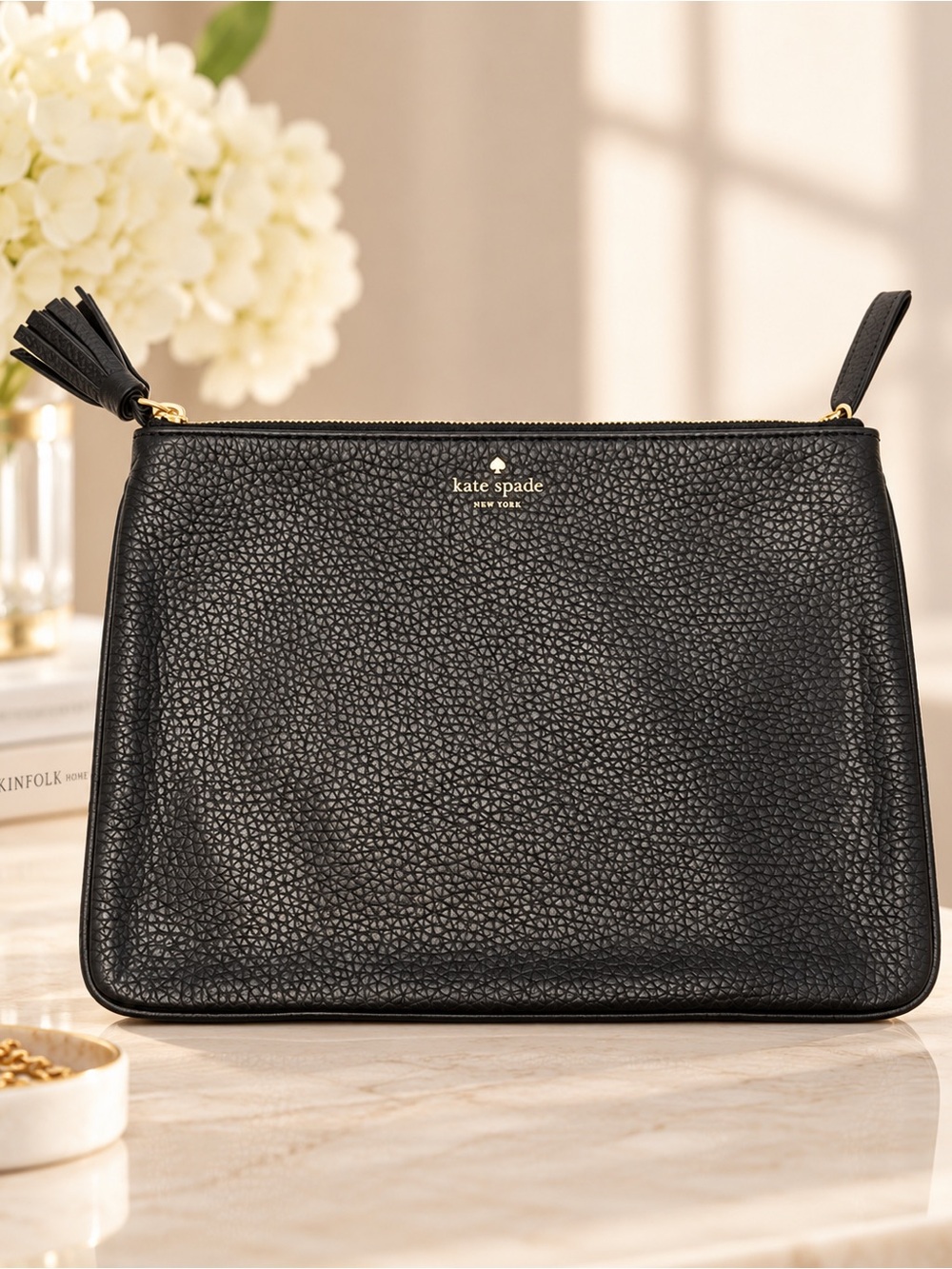 Kate Spade New York Black Pebbled Leather Makeup Bag Cosmetic Pouch Clutch